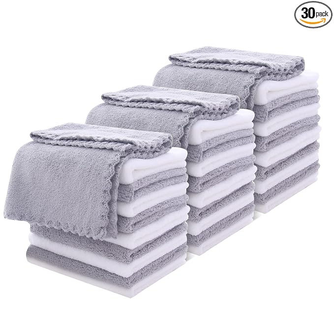 MOONQUEEN 30 Pack Microfiber Face Towel - Premium Soft Makeup Remover Cloths (White-Grey, 30 Pack)