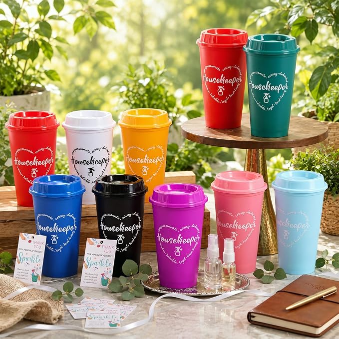 15 Sets Housekeeper Appreciation Gifts Plastic Cups with Lid Card | 10 Colors Portable Plastic Cups with Ribbon, Thank You Gifts for Housekeeping Week, Staff Coworker Team Events Supplies