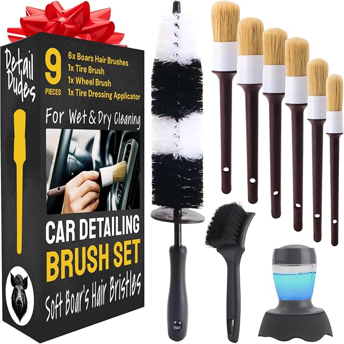 Car Detailing Brush Set 9-pc, Car Detailing Kit Interior by Detail Dudes | Boar Hair Car Detailing Supplies - Interior Soft Bristle Cleaning Brushes - Wheel Brush, Tire Brush, Tire Dressing Applicator