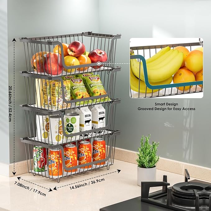 4 Pcs Stackable Wire Baskets for Pantry Organizers and Storage, | Vegetable Fruit Basket for Countertop,Kitchen Storage Metal Baskets,Produce Potato Onion Storage Bin,Gray