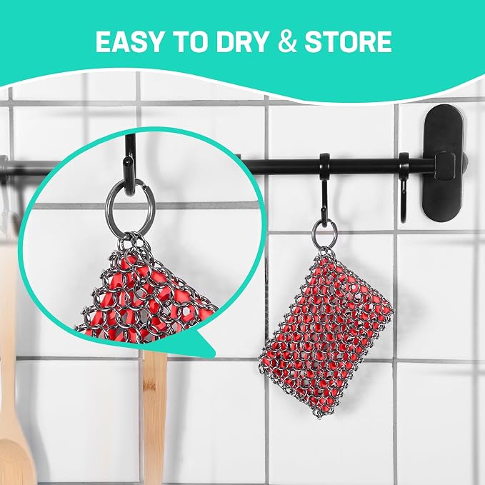 HAUSHOF Cast Iron Scrubber, Chainmail Scrubber Cast Iron Cleaner | Multi-Purpose Cleaning;Easy to Clean;Soft Silicone Liner;Protects Cast Iron Seasoning