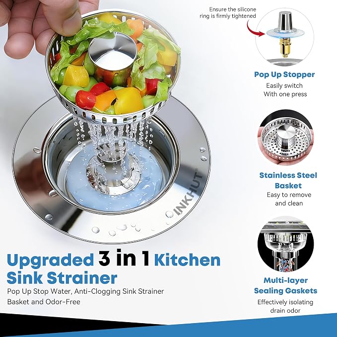 Upgraded 3 in 1 Kitchen Sink Drain Strainer (Silver-2Pack) | Stainless Steel Sink Stopper, Anti-Clogging Food Catcher Basket, Bounce Core Drain Strainer Plug for 3 1/2 inch Drain