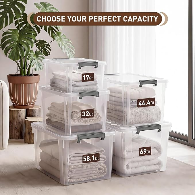 Citylife 69 QT Plastic Storage Bins with Latching Lids Stackable Storage Containers for Organizing Large Clear Storage Box for Garage, Closet, Kitchen, 4 Packs