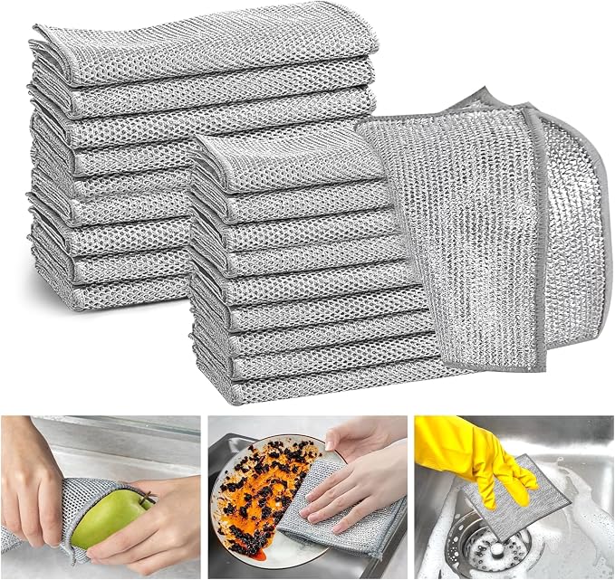 XANGNIER 20 Pcs Multipurpose Wire Dishwashing Rags for Wet and Dry,2024 New Multifunctional Non-Scratch Wire Dishcloth,Wire Cleaning Cloth,Non Scratching Metal Wire Rag for Kitchen,Counter,Dishes,Sink | Multipurpose Steel Wool Cleaning Cloths,Wet & Dry...