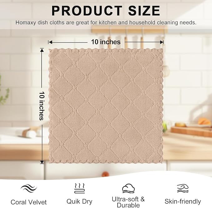 Homaxy 18 Pack Super Soft Absorbent Dish Cloths, 10" x 10", Tan | Coral Velvet, Nonstick Oil Fast Drying Microfiber Cleaning Cloth, No Lint Household Dishcloths