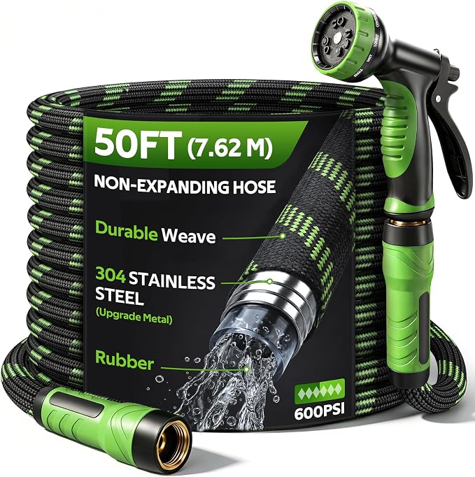 NON-EXPANDABLE Garden Hose 50 FT Water Hose with 10-Function Spray Nozzle | Yard hose Heavy Duty Steel Metal Flexible,Durable Fabric Skin,No Kinks & Leak-Proof with Upgraded Handle hose pipe outside