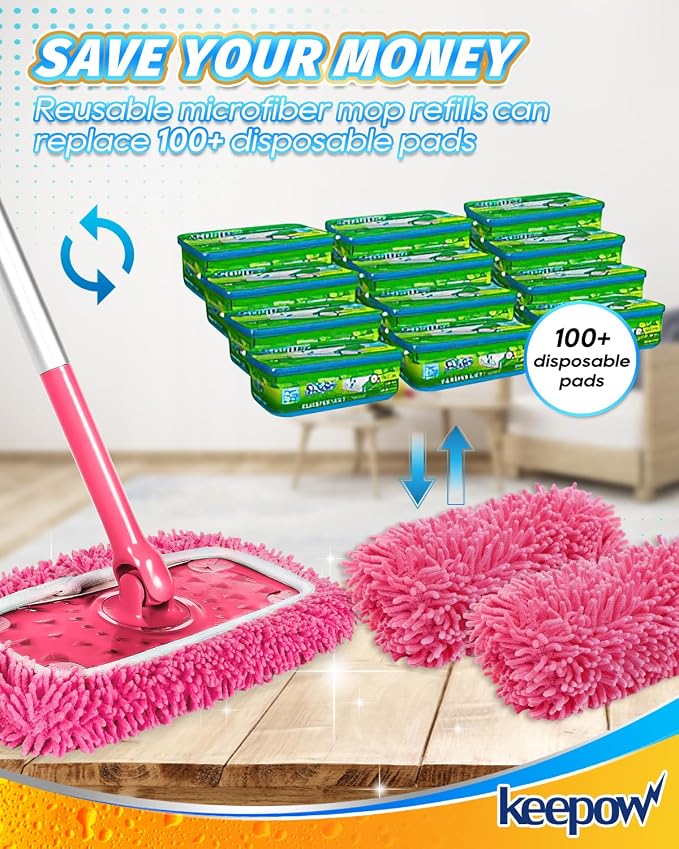 Reusable Microfiber Mop Pads Compatible with Swiffer Pink Sweeper | 2 Pack Pink Dry Sweeping Cloths & Wet Mopping Cloths - Washable Wet Pads Refill for Mopping Floors (Mop is not Included)