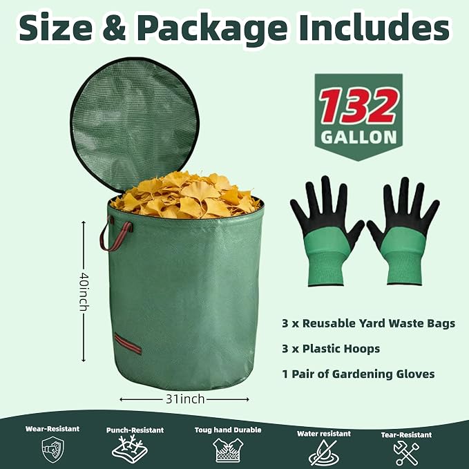 3 Pack 132 Gallon Extra Large Yard Waste Bags with Lid | Jumbo Reusable Garden Bags with Gardening Gloves, Heavy Duty Collapsible Lawn Bag Holder for Massive Leaves & Debris