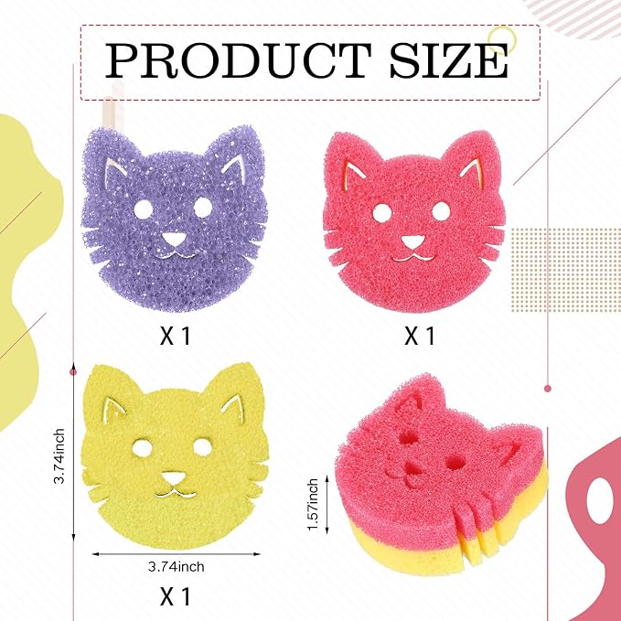 FillTouch Cat 3 Pcs Scrub Sponge, Pink, Yellow, Purple | Soft Non-scratch Cat Sponge, Dual Sided, Temperature Sensitive, Easy Clean, Multi Functional Sponge for Kitchen, Bathroom
