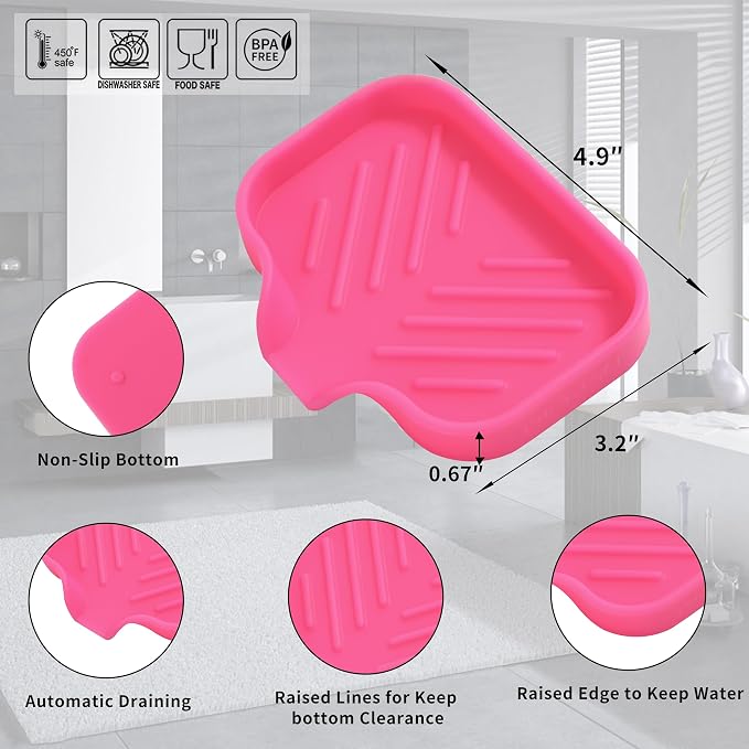 MicoYang Silicone Soap Dish with Drain Spout, Self-Draining Sink Organizer Tray for Bathroom and Kitchen, Sponges, Dispensers and Soap Holder, Non-Slip and Dishwasher Safe, Rose (Compact, 4.9"×3.2")