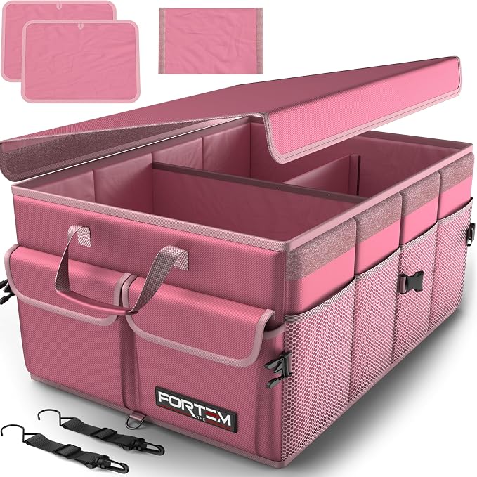 FORTEM Trunk Organizer - Foldable Car Organizer & Storage for SUVs & Trucks | Car Accessories for Men Women, Collapsible Bag, Non Slip Bottom, Straps, Soft Cover, 600D Oxford, Pink, 3 Compartments, 65L