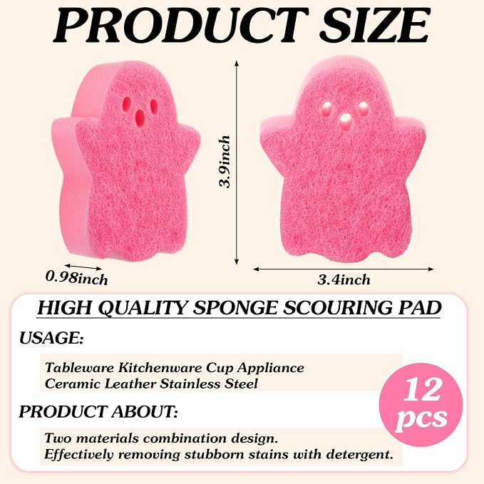 Tioncy 12 Pack Halloween Ghost Kitchen Sponges, Black, White, Pink | Dual Sided Scrubber, Gothic Halloween Decor, Reusable Non Scratch Dishwashing, for Cookware Pot Boiler Pan Household