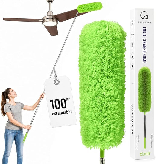 GÜTEWERK Extendable Microfiber Duster, 100 Inch - Feather Dusters for Cleaning Ceiling Fans, Blinds, Baseboards & High Ceilings - Washable, Electrostatic, 360° Bendable Head, Stainless Steel Pole