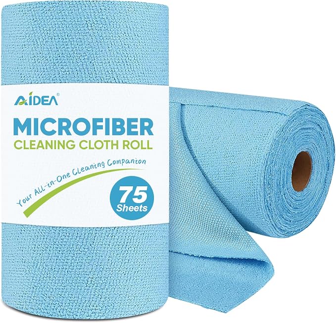 AIDEA Microfiber Cleaning Cloth Roll-75PK, Shop Rags Blue 11.5"×11.5" | Reusable Paper Towels Tear Away Cloth, Microfiber Towels, Lint Free Rags for House, Mechanic, Workshops