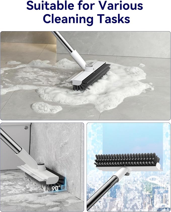 3 in 1 Adjustable Small Floor Scrub Brush with Long Handle | 360 rotating head Right-angle Heavy-Duty Stiff Bristle with Squeegee and Tweezer for Cleaning Bathroom Tile Patio and Kitchen