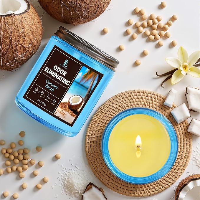 Coconut Beach Odor Eliminating Highly Fragranced Candle, Eliminates 95% of Living Room, Bedroom, Bathroom and Other Smells Quickly, Air Freshing Scented Candles, Soy Candle Gifts for Women Men, 7oz