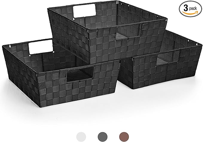 Sorbus Baskets for Organizing, Woven Storage Set (Set of 3, Black) | Carry handles, mesh construction and metal frame support fabric bins for linen closets, shelves and home decor.