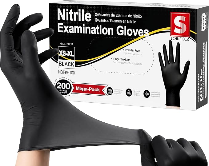 Schneider Black Nitrile Gloves, Gloves Disposable Latex Free, Powder Free | 3-Mil, Medical Exam Glove, Food Safe Gloves, Cooking Gloves, Cleaning Gloves
