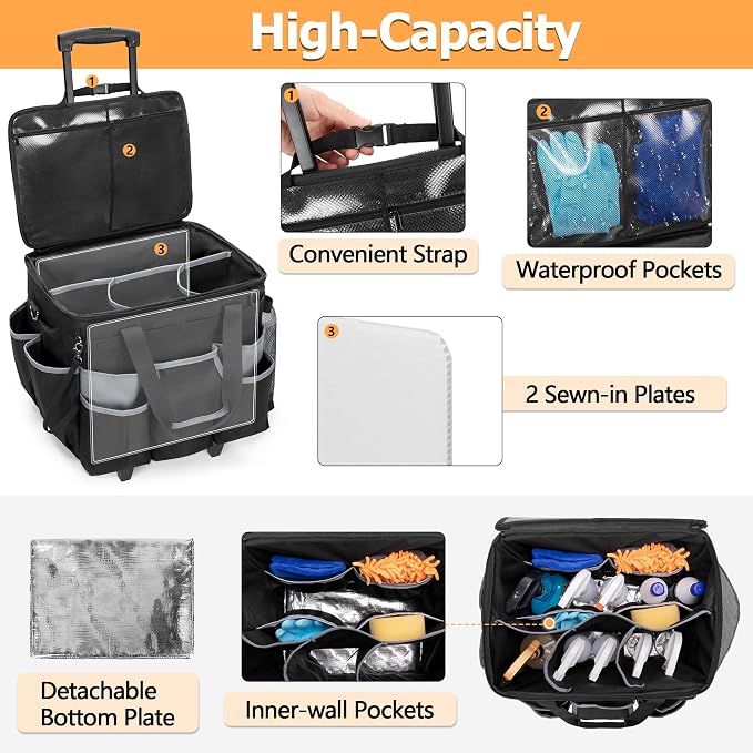 HODRANT Large Rolling Cleaning Caddy with Detachable Trolley & Lid | Cleaning Cart on Wheels with Shoulder Strap & Handles, Cleaning Supplies Organizer with Multi Pockets for Clean Tools Storage