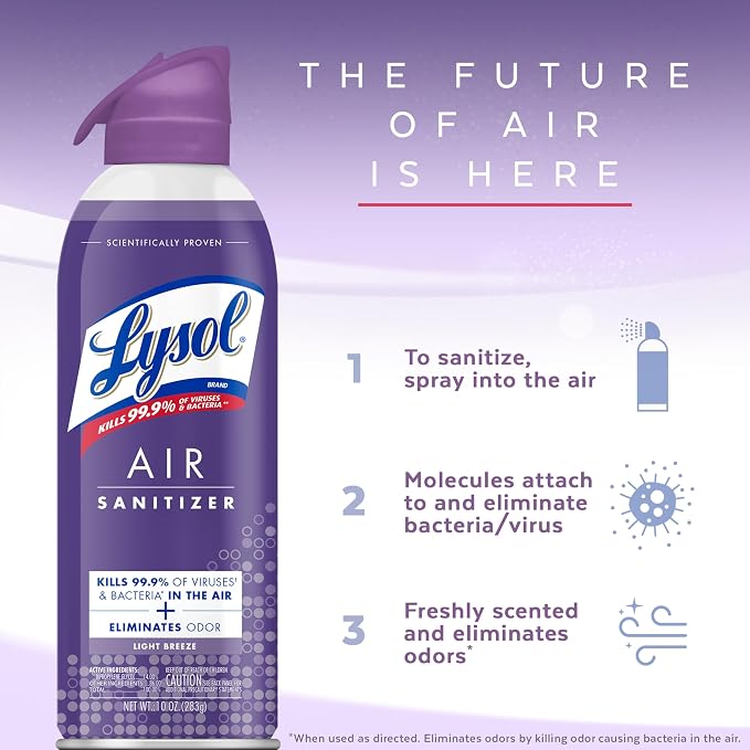 Lysol Air Sanitizer Spray, Air Freshener Alternative, Light Breeze 3-Pk | Lysol Scented Air Sanitizing Room Spray, Bacterial Odor Eliminator, Home, Office, Classroom, Toilet, & Bathroom Spray, 10 oz