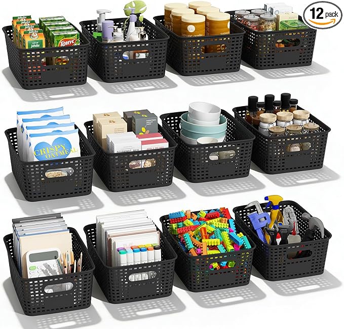 Black Plastic Storage Basket for Organizing 12 Pack Small Storage Bins Container for Shelves, Shelf Baskets with Handles for Classroom, Closet, Pantry Organization