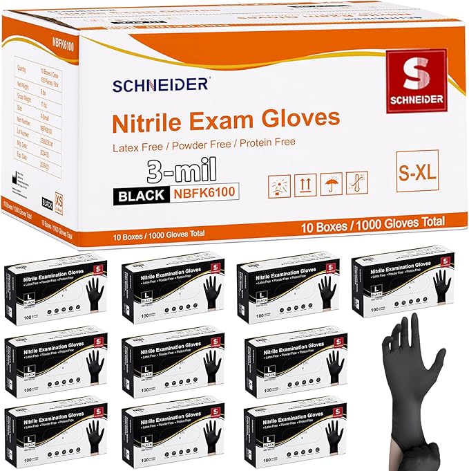 Schneider Black Nitrile Gloves, Gloves Disposable Latex Free, Powder Free | 3-Mil, Medical Exam Glove, Food Safe Gloves, Cooking Gloves, Cleaning Gloves