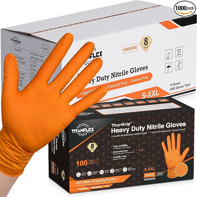 TitanFlex Heavy Duty Industrial Orange Nitrile Gloves, 8-mil, Gloves Disposable Latex Free with Raised Diamond Texture Grip, Powder Free, Rubber Glove, Mechanic Gloves,1000-ct Case (Small)
