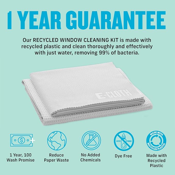 E-Cloth Window and Glass Cleaner Kit, Just Add Water - 2 Kits | Chemical-Free Cleaning - Reusable & Machine Washable Towel, Versatile Use for Mirrors, Cars, & Lenses, Recycled, Colorless