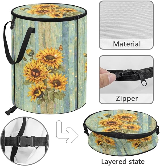 Vintage Sunflower Print 24 Gallon Large Capacity Collapsible Trash Can with Lid and Handles Camping Waster Bag Garden Leaf Bin Laundry Hamper Childrens Toy Bin