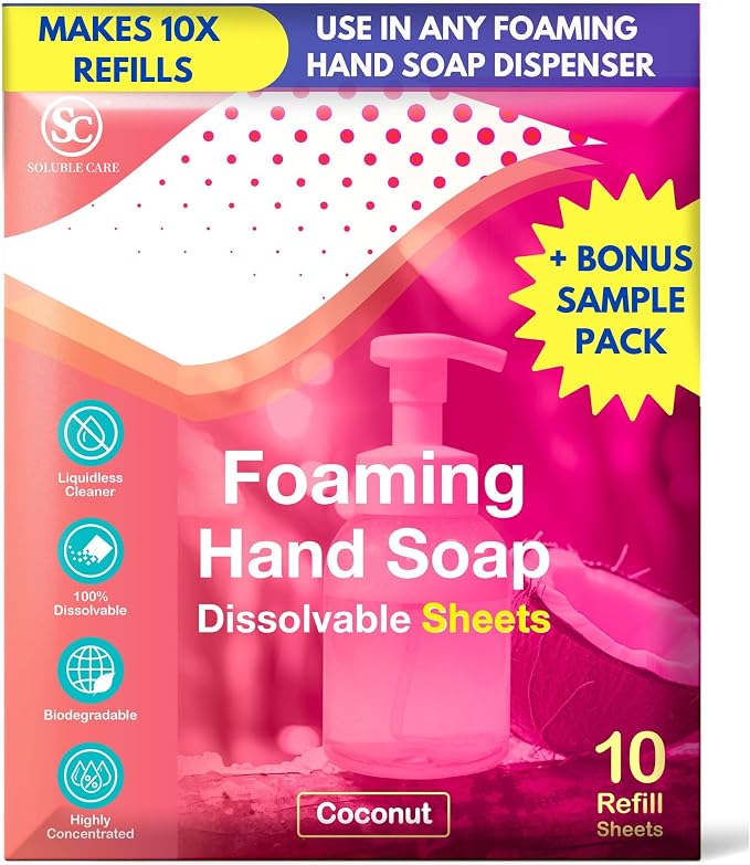 Foaming Hand Soap Dissolvable Sheets: Coconut Scent, 10-Pack | Includes Free 4-Sheet Bonus Pack, Foaming Moisturizing Hand Soap, Sustainable & Earth-Friendly Cleaning Solution