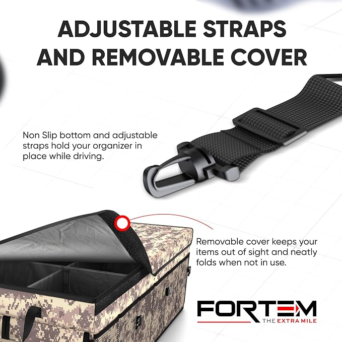 FORTEM Trunk Organizer - Foldable Car Organizer with Cooler for SUV, Trucks | Car Accessories for Men Women, Collapsible Bag, Non Slip Bottom, Straps, Soft Cover, 600D Oxford, 6 Compartments, 105L