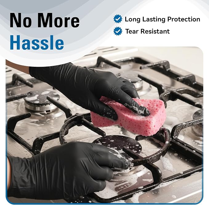 Nitrile Gloves Disposable Latex Free, Black | Food Safe Rubber Gloves Latex-Free and Powder-Free for Cooking, Food Prep, Kitchen, Household Cleaning