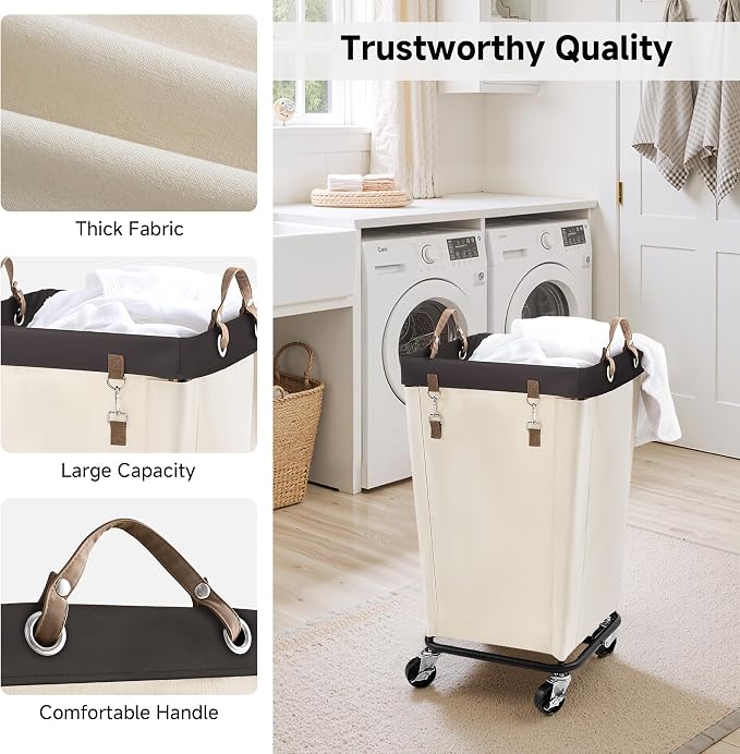 StorageWorks 110L Laundry Basket with Wheels, Rolling Hampers for Clothing | Beige Laundry Basket with Wheels, Metal Frame & Handles, Rolling Hamper for Bedroom, Bathroom, Dorm, Hotel