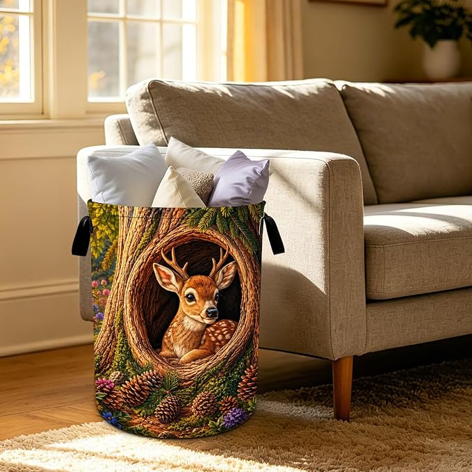 Deer Laundry Basket Foldable Oxford Laundry Hamper With Handle For Room Bathroom Bedroom