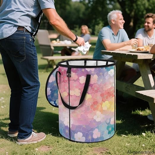 Watercolor Flower Pop up Camping Trash can with lid Collapsible 24 Gallons Trash can with Sorting Clips,Garden Garbage Bag with Lid,Lawn and Leaf Bags - Reusable Yard Waste Bags