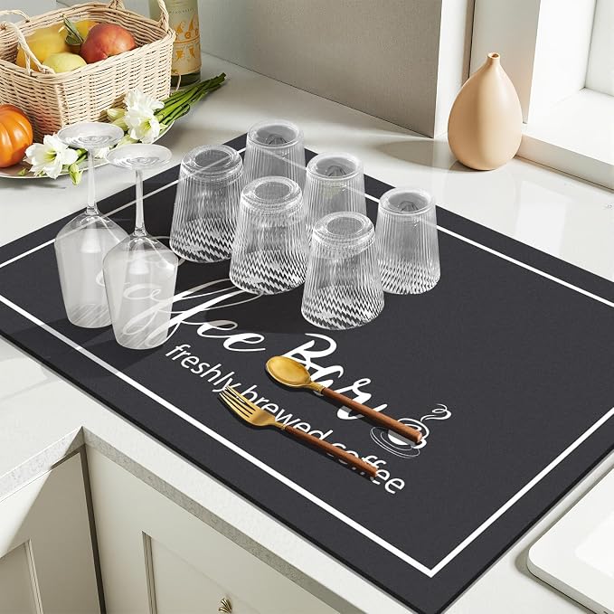 Findosom 12"x 20" Dish Drying Mat, Super Absorbent & Cuttable Coffee Mat, Hide Stain Bar Mat for Kitchen Counter, Coffee Bar Accessories, Black (Pack of 2)