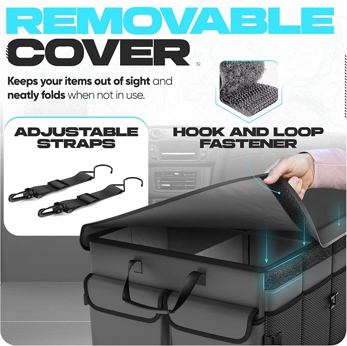 FORTEM Trunk Organizer - Foldable Car Organizer & Storage for SUVs & Trucks | Car Accessories for Men Women, Collapsible Bag, Non Slip Bottom, Straps, Soft Cover, 600D Oxford, Grey, 6 Compartments, 85L