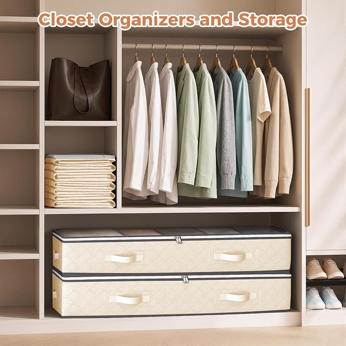 Budding Joy 95L Underbed Storage Containers, 4 Pack Closet Organizers Beige | Underbed Storage Bags for Blankets, Towels, Comforter, Sweaters, Linen Sheets, Wrapping Paper