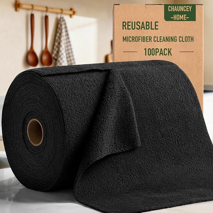 Microfiber Cleaning Cloth Roll - 100 Pack Tear Away Microfiber Paper Towels, Reusable, Washable, Scratch-Free, Kitchen Towels for Car, Home, Kitchen, Glass, Dishes (Black)