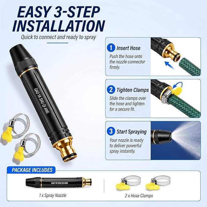 Heavy Duty Adjustable Garden Hose Nozzle, High Pressure Jet Spray, Metal Sprayer for Car Wash, Lawn, Patio Cleaning, Leak-Proof Design