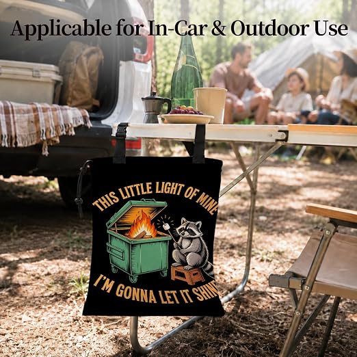 Funny Raccoon Dumpster Fire Car Garbage Bag Canvas Trash Can | Sarcastic Animal Drawstring Car Trash Bag Hanging for Back Seat with Adjustable Buckle