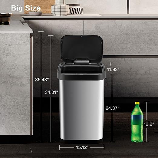 13 Gallon Trash Can, Touchless Stainless Steel Kitchen Bin (Silver) | Automatic Motion Sensor Lid | 50L Fits 13 Gal Tall Kitchen Bags | Anti-Fingerprint Brushed Finish | For Home Office Bathroom