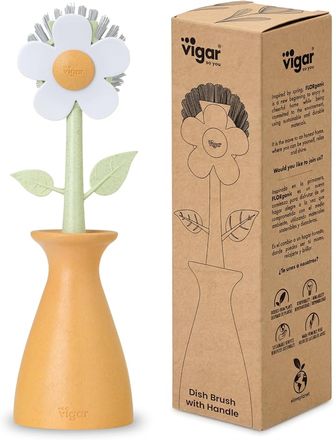 Vigar Florganic Dish Brush with Holder, Dish Scrubber, Orange | Dish Scrubber With Handle, Pot Scrubber, Kitchen Scrub Brush, Dishwashing Brush Tool for Sink Cleaning