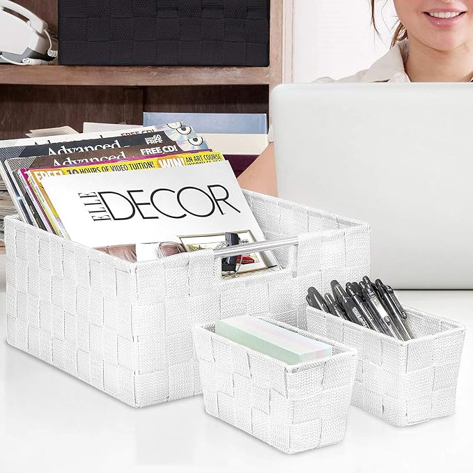 Sorbus Baskets for Organizing, 7-Piece Hand-Woven Storage Set (White) | Mesh organizers with handles keep linens and accessories sorted on closet shelves; seven-piece variety fits many spaces.