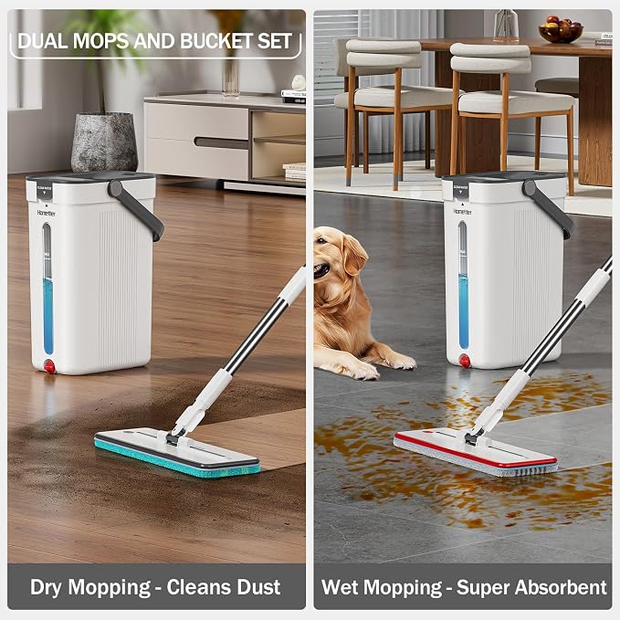 HoMettler Dual Mop and Bucket Set, Flat Mop and Bucket System with Separate Dirty and Clean Water, 3-Compartment Wall Cleaner Mop, Flat Mops for Floor Cleaning with 6 Microfiber Pads - White