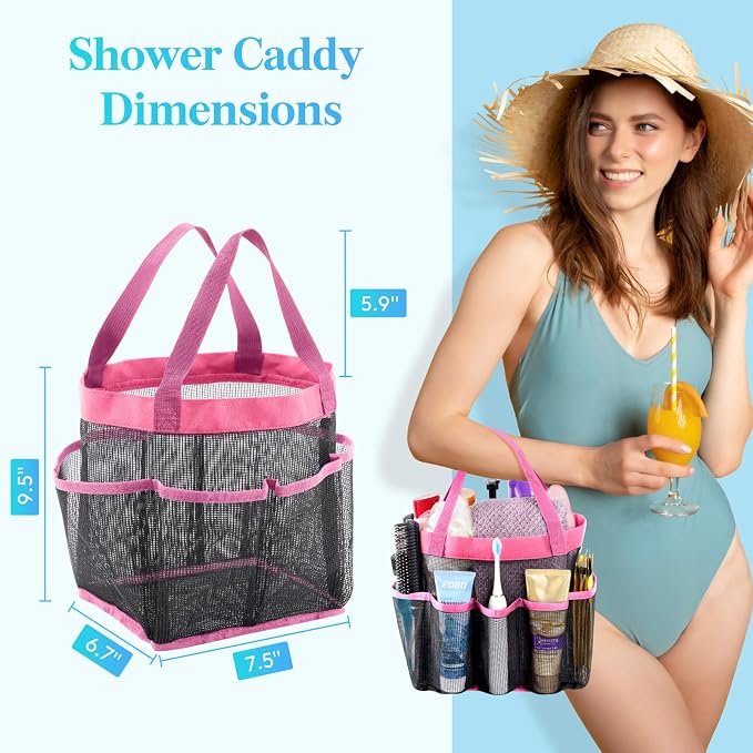 Lifewit Mesh Shower Caddy Portable for College Dorm Room Essentials with 7 Pockets, Freestanding Hanging Organizer Basket, Quick Dry Tote Bag for Camping, Bathroom, Beach, Travel, 1 Pack, Pink | 2 Handles, Freestanding, Quick Dry Tote Bag, 7 Pockets, f...