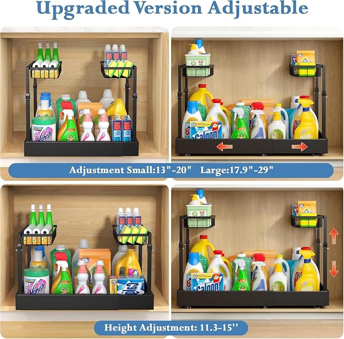 Under Sink Organizer, 2-Tier Slide Out kitchen Storage Metal Shelf, Black | 16.7″ To 29.1″ Pull Out Kitchen Storage Cabinet Organizer, Or Bathroom Laundry Kitchen Storage, Multi-Use Bathroom Storage