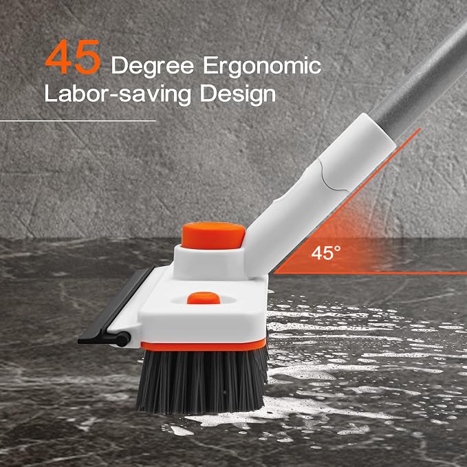 Floor Scrub Brush with Long Handle, 3-in-1 Rotating Scrubber with Squeegee | 60" Telescopic Floor Scrubber with 2 Detachable Heads for Cleaning Shower Bathroom Kitchen Deck Bathtub Tile Patio Garage