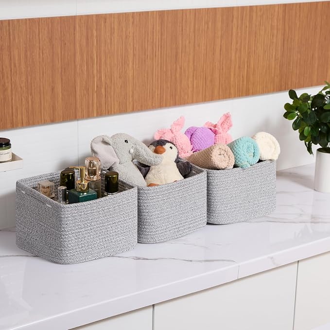MiniArk Small Organizing Baskets for Cubes Shelf, 9.7x9.7x7.1 Inch Rope Woven Storage Bins for Nursery Shelves Storage, Cute Toy Basket, Square 3 Packs Mixed Grey
