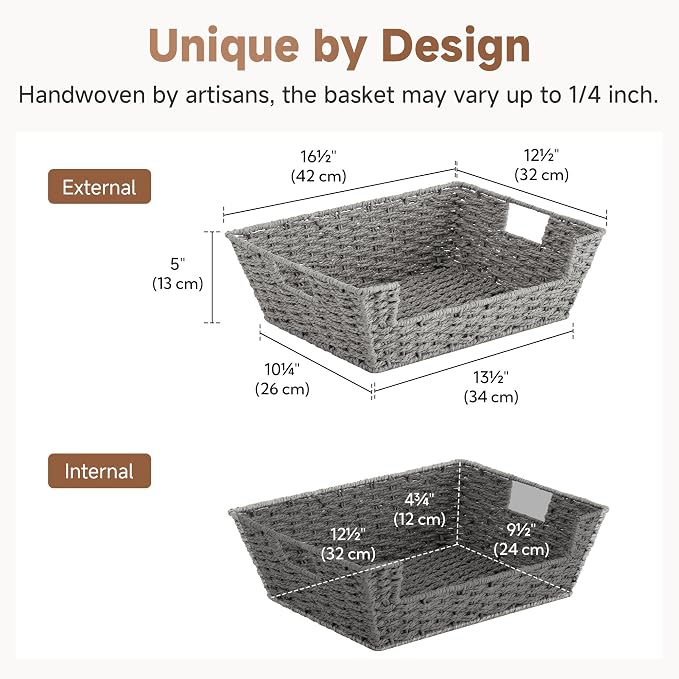 StorageWorks Pantry Baskets for Organizing, Large Wicker Basket for Storage | Wicker Storage Baskets for Shelves, Paper Rope Rattan Baskets with Handles, 2 Pack Woven Basket for Shelf Storage, Gray